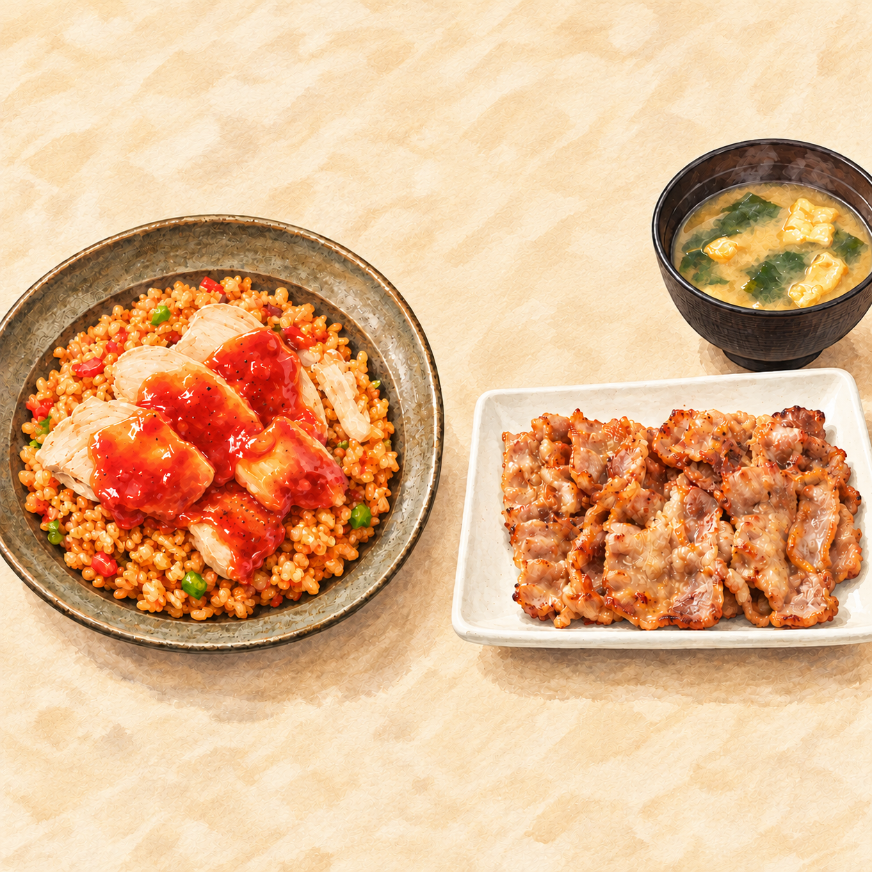 チキンジャンバラヤとカルビ焼肉定食の盛り付けイメージ