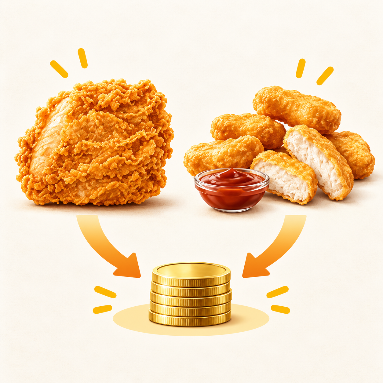 チキン1つとナゲット5ピースを左右に並べ、矢印の先に共通のコイン基準を示す図