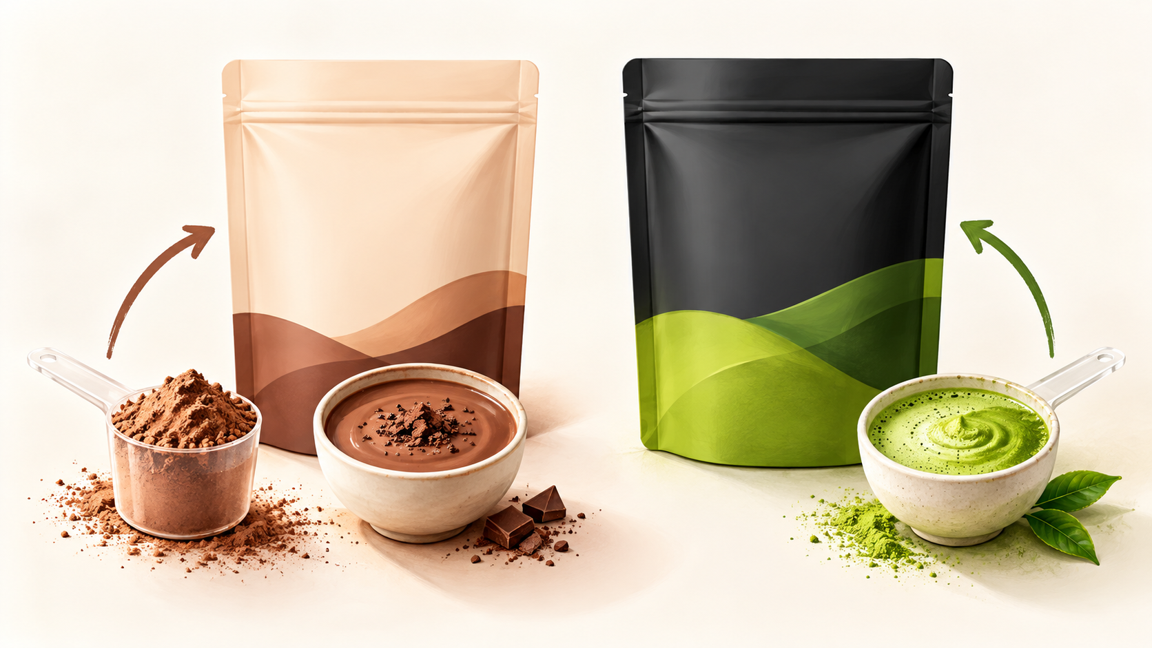ココア色と抹茶色の2つのプロテインを題材に、1食分から袋全体へ換算して価格と比べる流れを表した概念イラスト